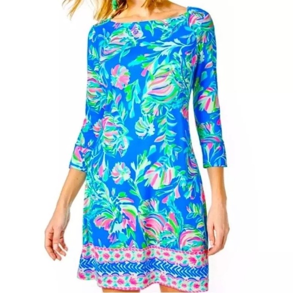 Lilly Pulitzer Sophie Boat Neck Gold Button Dress Blue Flare Fancy Fins Print - Picture 1 of 11